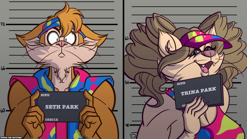 16:9 anthro barbie_and_ken_mugshot_meme clothing domestic_cat drill_curls duo felid feline felis female hair hi_res looking_at_viewer male mammal mature_female mature_male mugshot open_mouth scared seth_park_(sketchybug) shirt sketchybug smile tank_top topwear trina_park_(sketchybug) visor whiskers widescreen