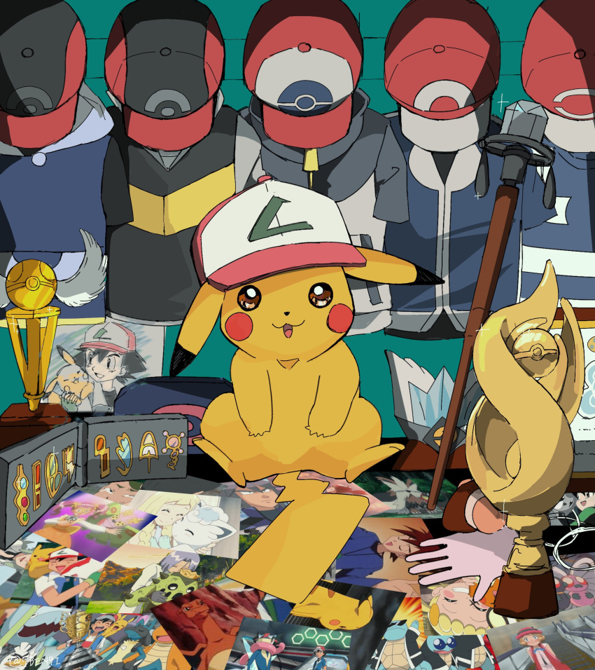 7ben9i anime_screencap ash_ketchum black_hair blue_hair blush_stickers brown_hair cacnea character_request charizard closed_eyes dragonite gary_oak greninja highres james_(pokemon) lucario open_mouth photo_(object) pikachu pokemon pokemon_(anime) pokemon_(creature) sitting squirtle squirtle_squad tree trophy