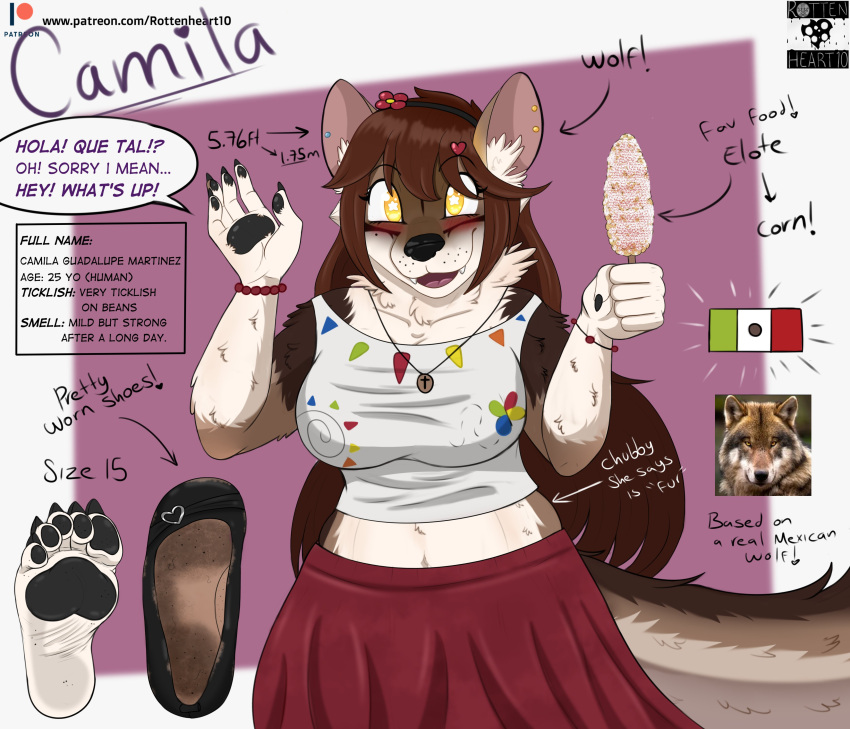2022 5_toes absurd_res anthro big_breasts bottomwear breasts camila_guadalupe_martinez canid canine canis claws clothing corn cross cross_necklace dirty_feet english_text feet female food foot_fetish footprint_in_shoe hi_res humanoid_feet jewelry long_skirt mammal mexican mexican_flag mexican_wolf midriff necklace plant plantigrade rottenheart10 skirt soles spanish_text text toe_claws toes url wolf