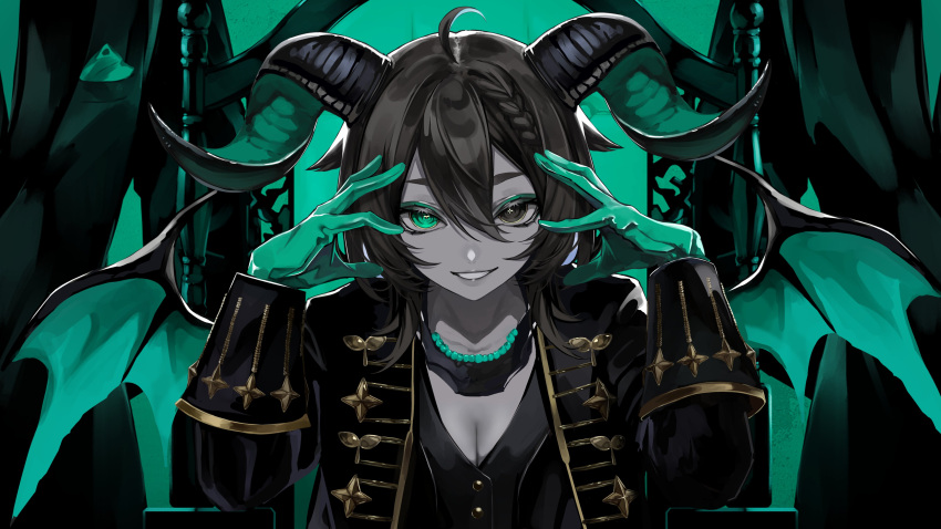 absurdres ahoge black_jacket black_shirt braid breasts brown_hair cleavage commentary_request commission cross-shaped_pupils demon_horns demon_lord_(vocaloid) demon_wings evil_grin evil_smile eyeshadow fingers_to_head gloves gold_trim green_eyes green_eyeshadow green_gloves green_horns green_teeth green_wings grin hair_flaps hands_up heterochromia highres horns indie_virtual_youtuber jacket jawbone looking_at_viewer makeup medium_hair meica_(vtuber) mismatched_pupils partially_colored phzimi000 shirt single_braid smile sprout-shaped_pupils symbol-shaped_pupils throne virtual_youtuber wings