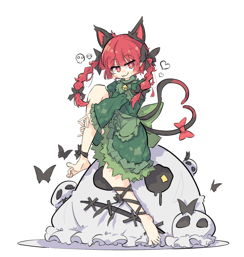 1girl :3 animal_ears barefoot black_ribbon bow braid cat_ears commentary dress extra_ears full_body green_dress hair_bow highres kaenbyou_rin leg_ribbon looking_at_viewer medium_hair nekomata pointy_ears primsla red_bow red_eyes red_hair ribbon simple_background sitting solo tongue tongue_out touhou twin_braids white_background