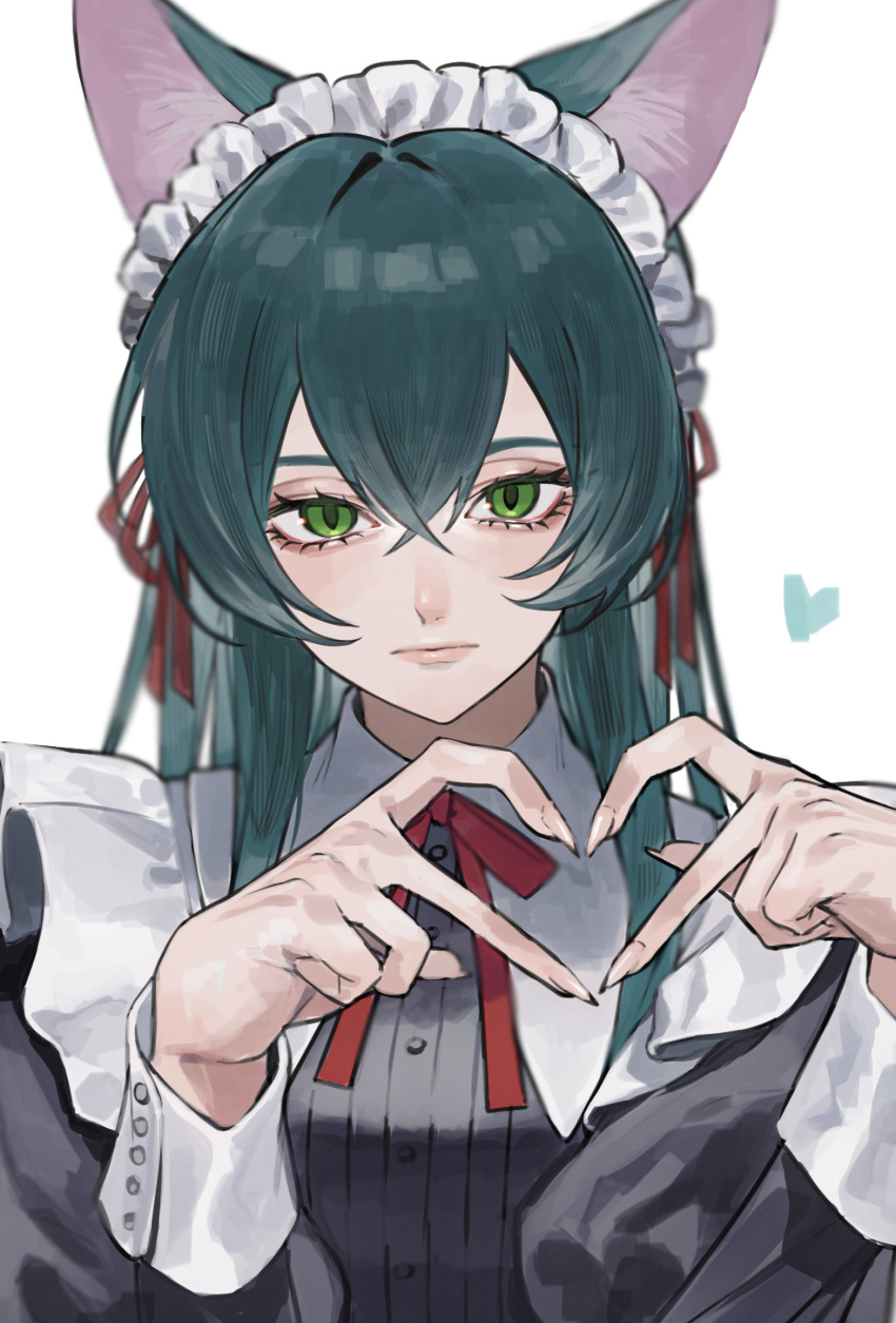 1girl aqua_hair cat_girl cropped_arms cropped_torso double-parted_bangs dress finger_heart fingernails frilled_dress frills green_eyes grey_dress hair_between_eyes hair_ribbon heart highres itou_(very_ito) juliet_sleeves long_hair long_sleeves looking_at_viewer maid maid_headdress original puffy_sleeves red_ribbon ribbon sharp_fingernails sidelocks slit_pupils white_background wrist_cuffs