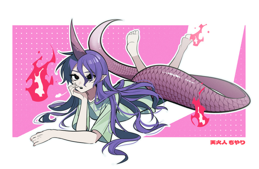 1girl absurdres barefoot character_name fingernails fire green_shirt highres horns kiliko-san long_hair long_tail lying on_stomach open_mouth pointy_ears purple_hair purple_horns shirt short_sleeves single_horn solo tail tenkajin_chiyari the_pose touhou