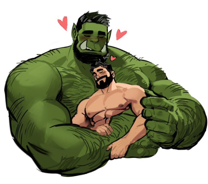 &lt;3 2022 abs beard biceps black_hair blush body_hair chest_hair deltoids dopq duo embrace eyes_closed facial_hair fangs green_body green_skin hair hairy_arms hi_res human humanoid humanoid_pointy_ears larger_male male male/male mammal muscular muscular_humanoid muscular_male mustache nipples orc simple_background size_difference smaller_male teeth triceps white_background