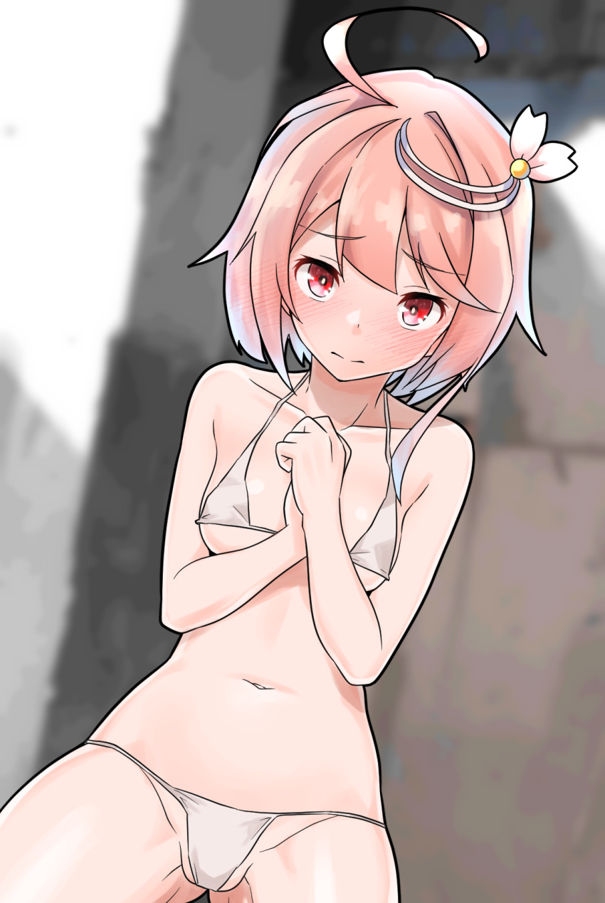 1girl ahoge alternate_costume bikini blurry blurry_background blush closed_mouth commentary_request cowboy_shot embarrassed furaggu_(frag_0416) groin hair_between_eyes highres i-58_(kancolle) kantai_collection looking_at_viewer micro_bikini navel nose_blush outdoors pink_hair red_eyes short_hair solo swimsuit white_bikini