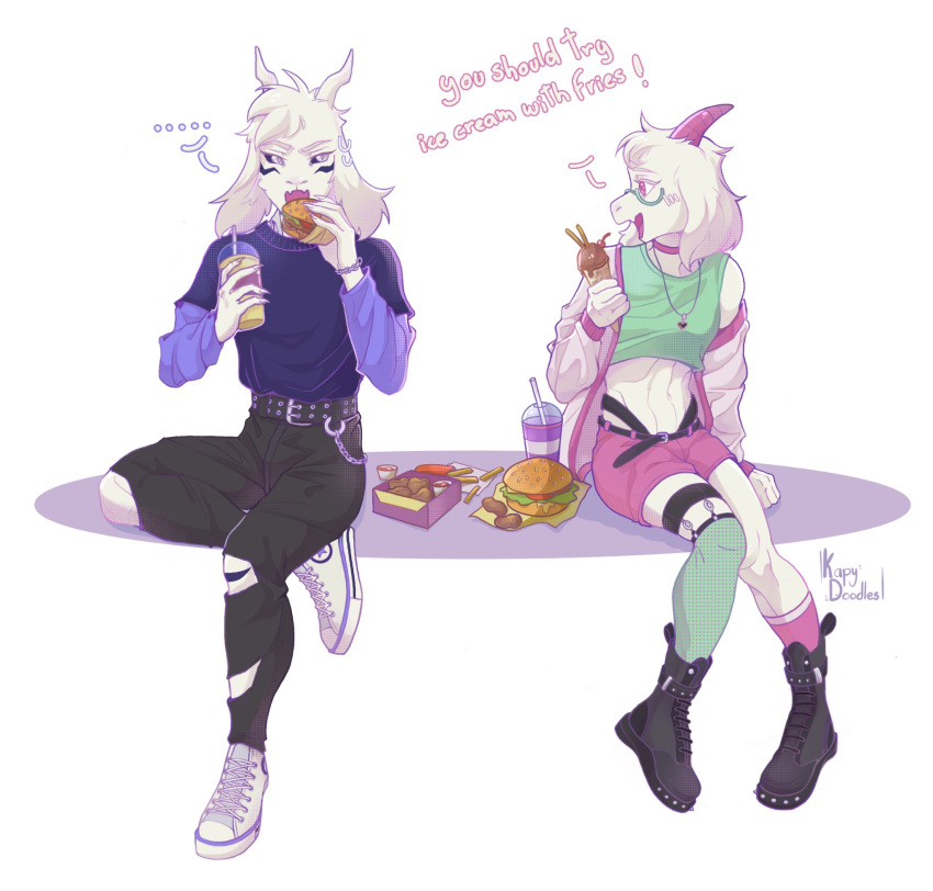 anthro asriel_dreemurr_(god_form) boots bottomwear bovid burger caprine chicken_meat chicken_nugget clothed clothing crossdressing deltarune dessert duo eating exposed_belly eyewear fast_food food footwear fries fur glasses goat hi_res holding_object ice_cream ignoring_another jacket kapybara male mammal meat plantigrade ralsei shirt shoes shorts smile tank_top text topwear undertale undertale_(series) white_body white_fur