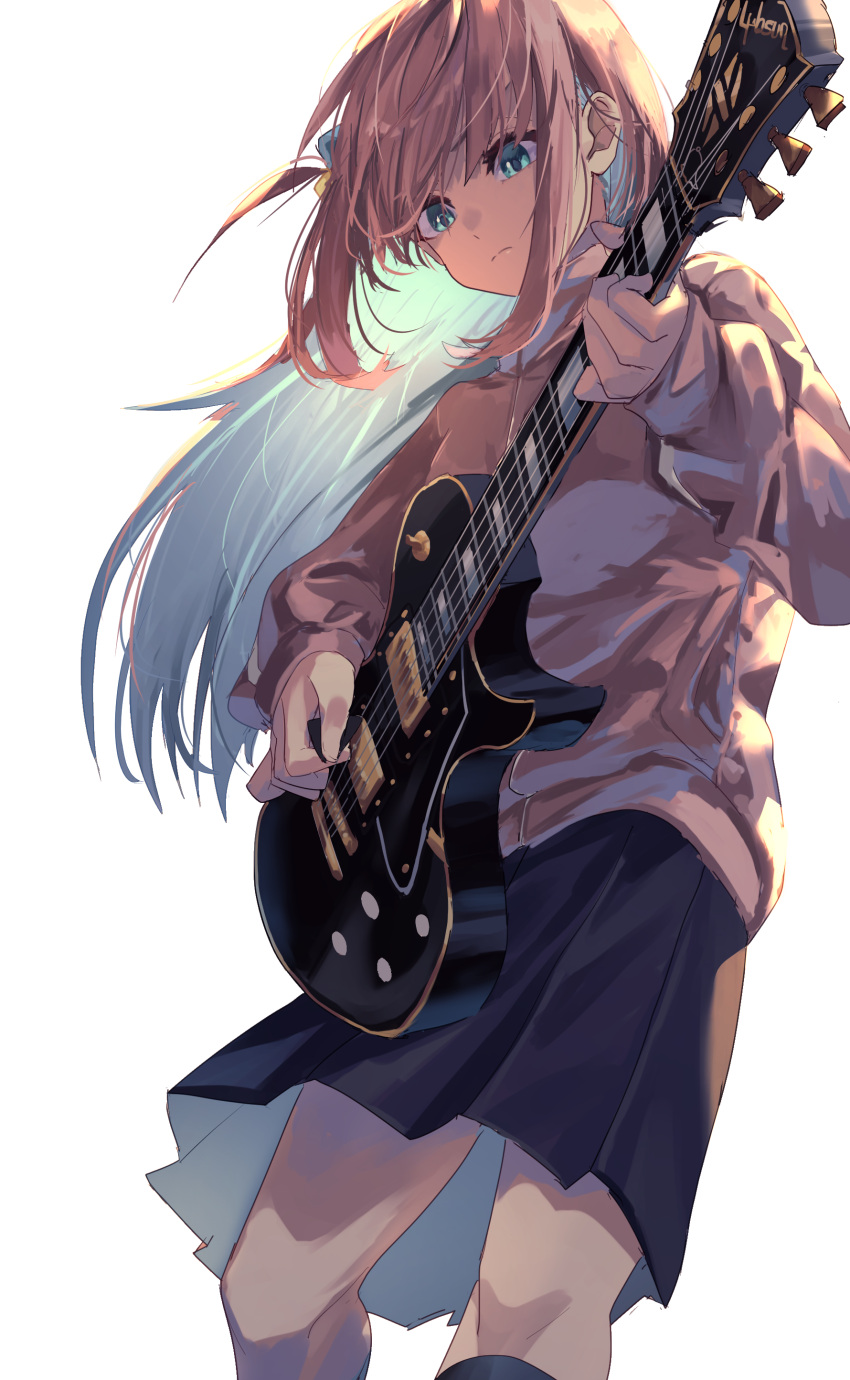 1girl absurdres bocchi_the_rock! cube_hair_ornament electric_guitar gibson_les_paul gotoh_hitori guitar hair_ornament highres holding holding_instrument instrument jacket one_side_up pink_hair pink_jacket pink_track_suit rasetsu001 side_ahoge skirt solo standing track_jacket white_background