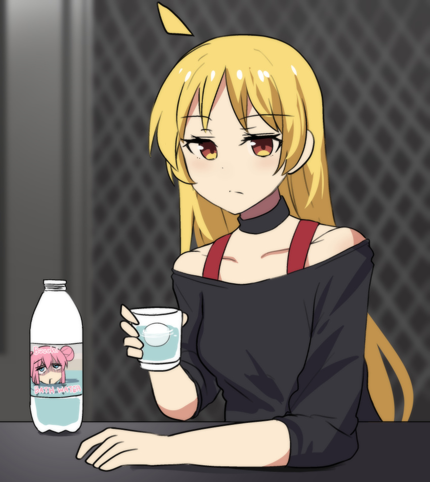 1girl absurdres ahoge bar_(place) blonde_hair blurry bocchi_the_rock! bottle cameo choker collarbone commentary cup depth_of_field english_commentary english_text gotou_hitori highres hinghoi holding holding_cup ice ice_cube ijichi_seika leaning_on_table long_hair long_sleeves looking_at_viewer orange_eyes plastic_bottle sidelocks solo table water water_bottle