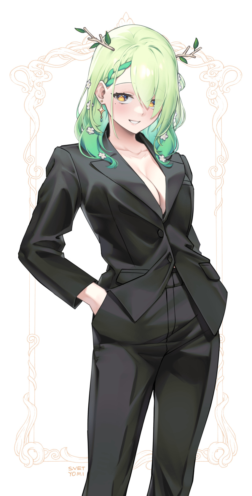 1girl absurdres alternate_costume antlers artist_name black_pants blush braid branch breasts business_suit ceres_fauna cleavage collared_shirt contrapposto earrings english_commentary flower formal green_eyes green_hair hair_flower hair_ornament hair_over_one_eye hands_in_pockets highres hololive hololive_english jacket jewelry large_breasts long_hair long_sleeves looking_at_viewer medium_breasts mole mole_under_eye multicolored_hair office_lady pants shirt simple_background smile solo standing suit svet_yomi tuxedo virtual_youtuber white_background