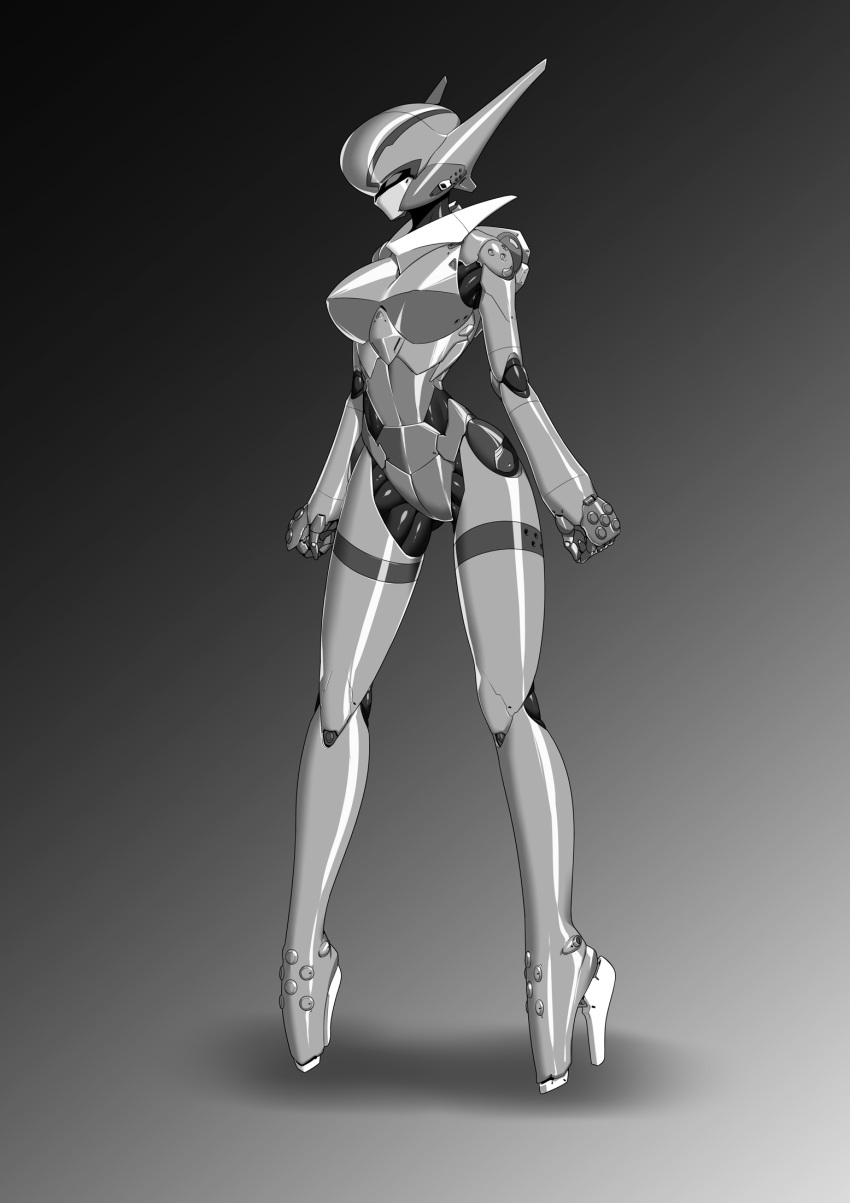 1girl armor ballet_boots bubblegum_crisis bzs_(kage_no_shinobu) full_armor full_body hardsuit helmet high_heels highres monochrome power_armor priscilla_asagiri solo standing