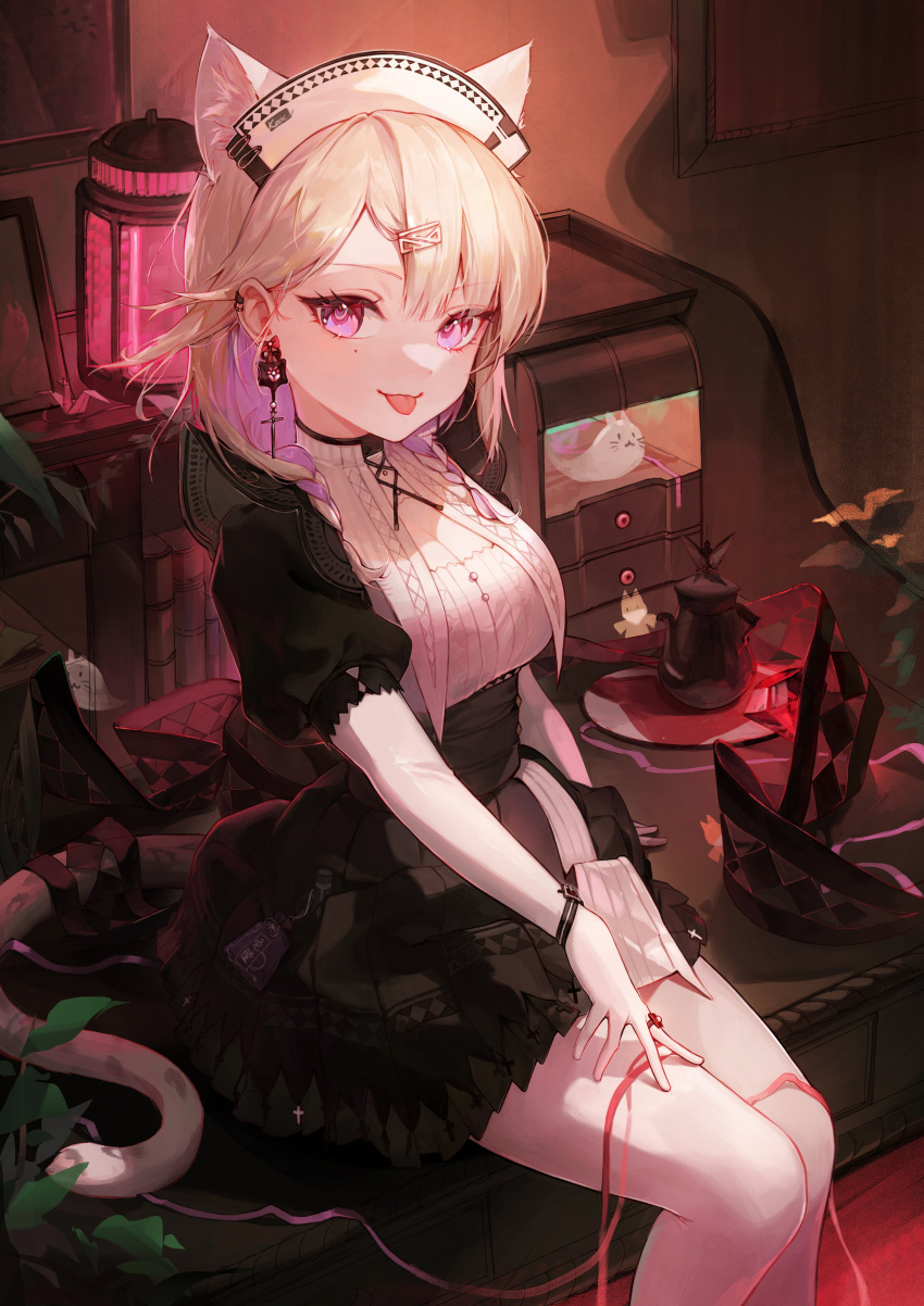 1girl :p absurdres animal_ears arknights black_skirt blonde_hair blush bracelet breasts cat_ears cat_girl cat_tail cleavage colored_inner_hair commentary ear_piercing earrings elbow_gloves feet_out_of_frame gloves hair_ornament hairclip happyongdal hat high-waist_skirt highres indoors jewelry kazemaru_(arknights) light_purple_hair looking_at_viewer medium_breasts medium_hair mole mole_under_eye multicolored_hair nurse_cap pantyhose piercing pink_eyes puffy_short_sleeves puffy_sleeves purple_eyes short_sleeves sitting skirt solo tail tongue tongue_out two-tone_hair underbust white_gloves white_pantyhose