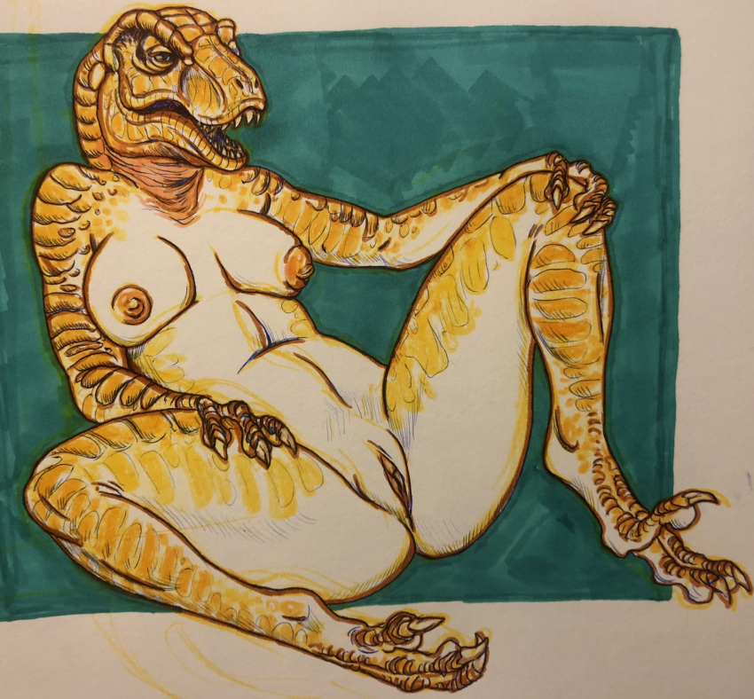 3_fingers 3_toes anthro biped breasts claws countershade_scales countershade_torso countershading dinosaur fangs feet female fingers genitals hi_res justcartilage nipples non-mammal_breasts non-mammal_nipples nude open_mouth pussy reptile scales scalie sitting solo spread_legs spreading teeth toes traditional_media_(artwork) yellow_body yellow_scales