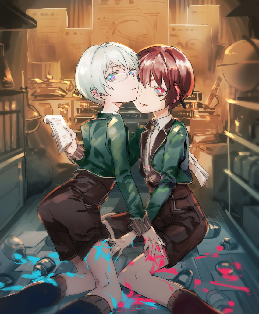 2boys absurdres aka_(bungou_to_alchemist) ao_(bungou_to_alchemist) black_shorts blue_eyes blue_footwear bolo_tie book book_stack boots box bungou_to_alchemist collared_shirt corded_phone cropped_jacket erlenmeyer_flask feet_out_of_frame flask glasses globe green_jacket grey_socks hair_between_eyes high-waist_shorts highres holding holding_notebook indoors ink_bottle jacket jar kneeling lapels long_sleeves looking_at_viewer looking_to_the_side male_focus matching_outfits microscope mole mole_under_eye multicolored_eyes multiple_boys notched_lapels notebook on_floor paint_on_body paper parted_lips phone purple_eyes red_eyes red_footwear red_hair shelf shirt short_hair shorts siphon sitting smile socks spill wariza wazuka_(wzzc) white_hair white_shirt