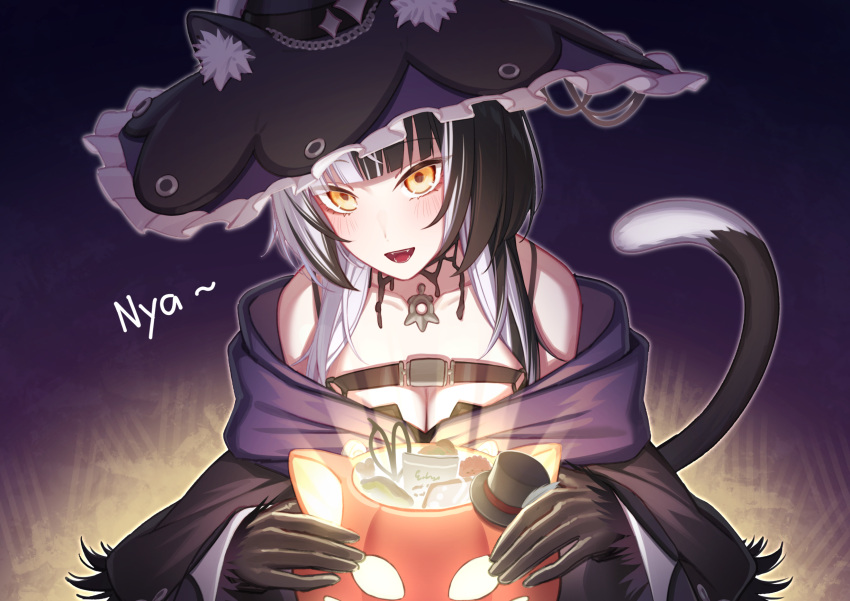 1girl animal_ear_fluff animal_ears basket black_choker black_gloves black_hair black_headwear blush breasts capelet cat_ears cat_tail chest_belt choker cleavage erezu gloves hat highres holding holding_basket hololive hololive_english lace-trimmed_choker lace_trim large_breasts long_hair looking_at_viewer multicolored_hair open_mouth purple_capelet shiori_novella smile solo split-color_hair tail virtual_youtuber white_hair witch witch_hat yellow_eyes