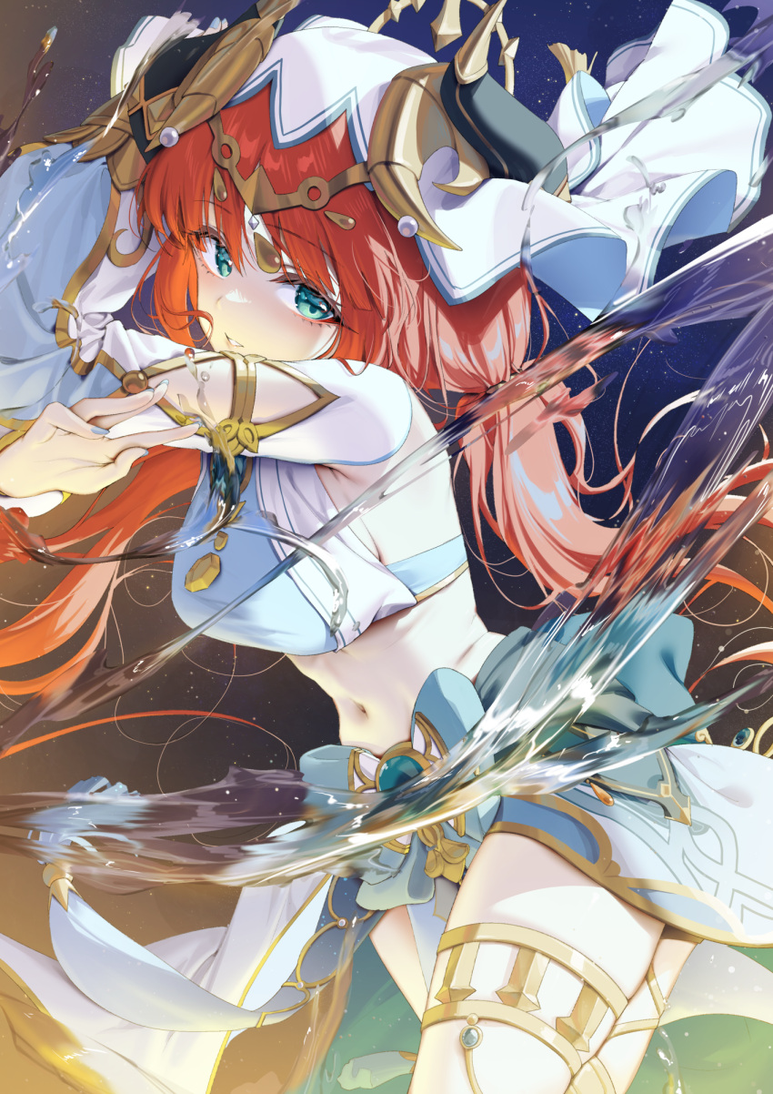 1girl alpha_(ypalpha79) aqua_eyes blue_gemstone blue_nails breasts circlet commentary_request crop_top dancer detached_sleeves fake_horns floating_hair forehead_jewel gem genshin_impact gladiator_sandals harem_outfit highres horns large_breasts long_hair long_sleeves looking_to_the_side midriff navel nilou_(genshin_impact) parted_lips puffy_long_sleeves puffy_sleeves red_hair sandals simple_background solo thighlet twintails veil water white_headdress white_sleeves white_veil