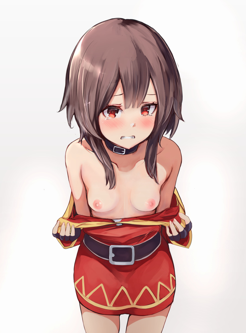 1girl belt belt_choker black_choker black_gloves breasts brown_belt brown_hair choker clenched_teeth clothes_pull collarbone commentary_request dress dress_pull embarrassed fingerless_gloves gloves highres kono_subarashii_sekai_ni_shukufuku_wo! looking_at_viewer megumin nipples no_headwear pulled_by_self red_dress red_eyes shimada_sarasara short_dress short_hair_with_long_locks simple_background small_breasts solo tearing_up teeth variant_set