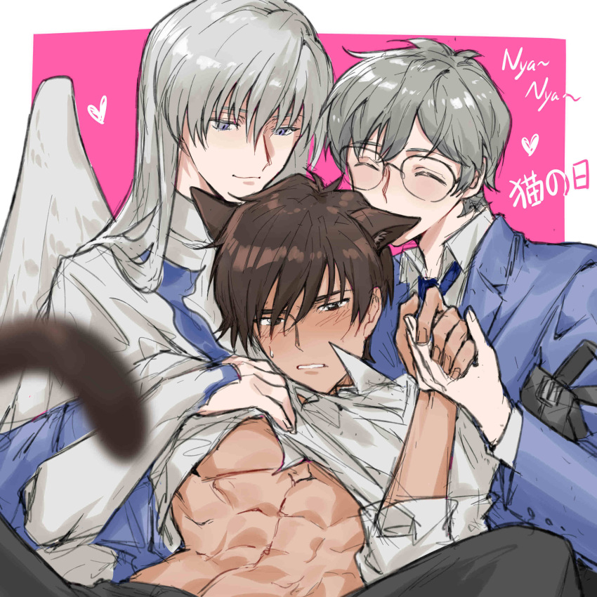 2boys 3boys abs absurdres animal_ears black_pants blush brown_hair cardcaptor_sakura cat_boy cat_day cat_ears cat_tail closed_eyes closed_mouth dual_persona glasses grey_hair heart highres kinomoto_touya long_hair male_focus multiple_boys naijarski pants school_uniform shirt sweat tail toned toned_male tsukishiro_yukito white_shirt wings yaoi yue_(cardcaptor_sakura)