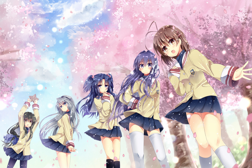 5girls :d :o antenna_hair arm_at_side arms_behind_back arms_up black_hairband black_pantyhose black_socks blue_eyes blue_hair blue_skirt blue_sky blush bow brown_eyes brown_hair cherry_blossoms clannad closed_mouth cloud commentary_request cowboy_shot day eyelashes eyes_visible_through_hair feet_out_of_frame floating_clothes floating_hair fujibayashi_kyou furukawa_nagisa green_hair grey_hair hair_between_eyes hair_bobbles hair_bow hair_ornament hair_ribbon hairband hairclip hand_on_own_hip hand_up head_tilt highres holding ibuki_fuuko ichinose_kotomi jacket long_hair long_sleeves looking_at_viewer low-tied_long_hair medium_hair miniskirt multiple_girls open_hand open_mouth outdoors pantyhose petals pleated_skirt purple_bow purple_hair ribbon sailor_collar sakagami_tomoyo sakura_(kasupi) school_uniform sidelocks skirt sky smile socks starfish straight_hair thighhighs tree two_side_up very_long_hair white_bow white_ribbon white_sailor_collar white_socks white_thighhighs wind wind_lift yellow_jacket zettai_ryouiki