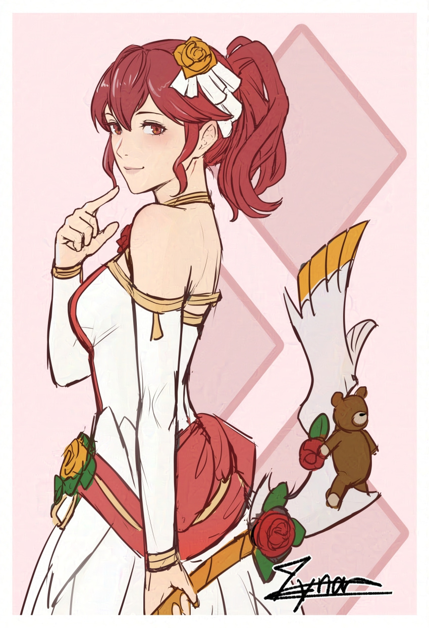 1girl anna_(bridal)_(fire_emblem) anna_(fire_emblem) bow_(weapon) cm_lynarc detached_sleeves dress fire_emblem fire_emblem_awakening fire_emblem_heroes flower from_side hair_between_eyes hair_flower hair_ornament highres holding holding_bow_(weapon) holding_weapon looking_at_viewer official_alternate_costume ponytail red_eyes red_hair signature smile solo weapon wedding_dress white_dress