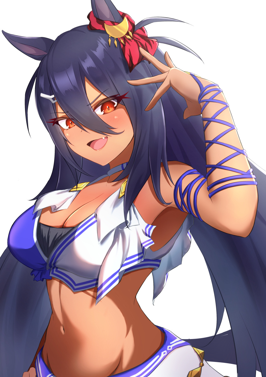 1girl absurdres animal_ears arm_up armpits black_hair blue_shirt blush breasts cleavage commentary_request ear_ornament eve_on_k fang hair_between_eyes highres hishi_amazon_(umamusume) horse_ears horse_girl horse_tail large_breasts long_hair looking_at_viewer midriff navel open_mouth red_eyes shirt simple_background smile solo tail two-tone_shirt umamusume upper_body very_long_hair white_background white_shirt