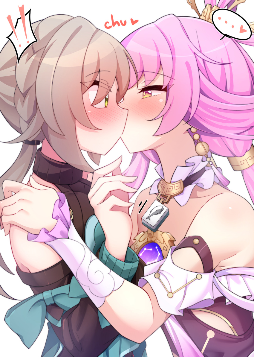 ! !! ... absurdres blush from_side fu_xuan_(honkai:_star_rail) grey_hair hair_ornament heart highres honkai:_star_rail honkai_(series) kiss mahjong mahjong_tile pink_hair qingque_(honkai:_star_rail) rustysalmon short_hair spoken_heart yuri