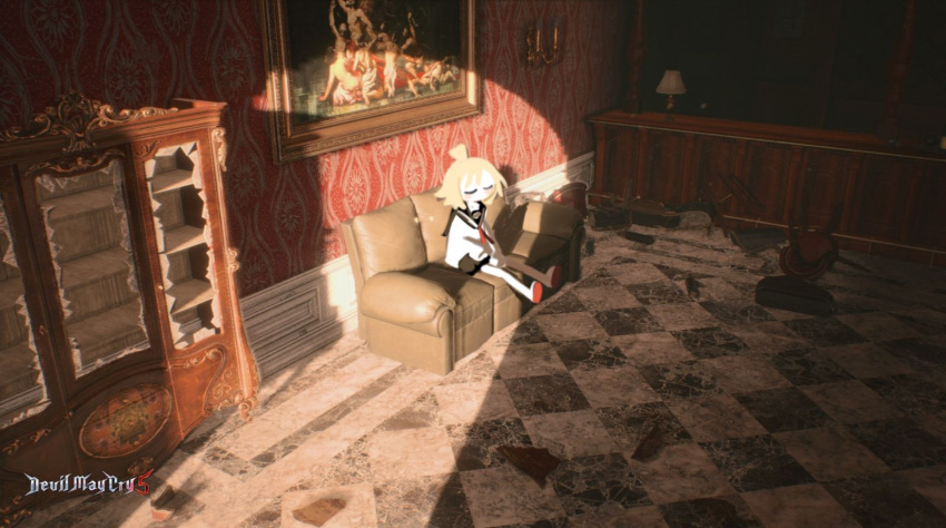 1girl ahoge black_sailor_collar black_skirt blonde_hair blush cabinet checkered_floor closed_eyes colored_skin copyright_name couch counter crack_of_light dark_room devil_may_cry_(series) devil_may_cry_5 european_architecture full_body game_screenshot_background indoors kokaki_mumose long_sleeves neck_ribbon no_mouth null-meta on_couch painting_(object) red_ribbon ribbon sailor_collar school_uniform serafuku shirt shoes short_hair sitting skirt solo uozumi_kurumi v_arms white_shirt white_skin wide_shot