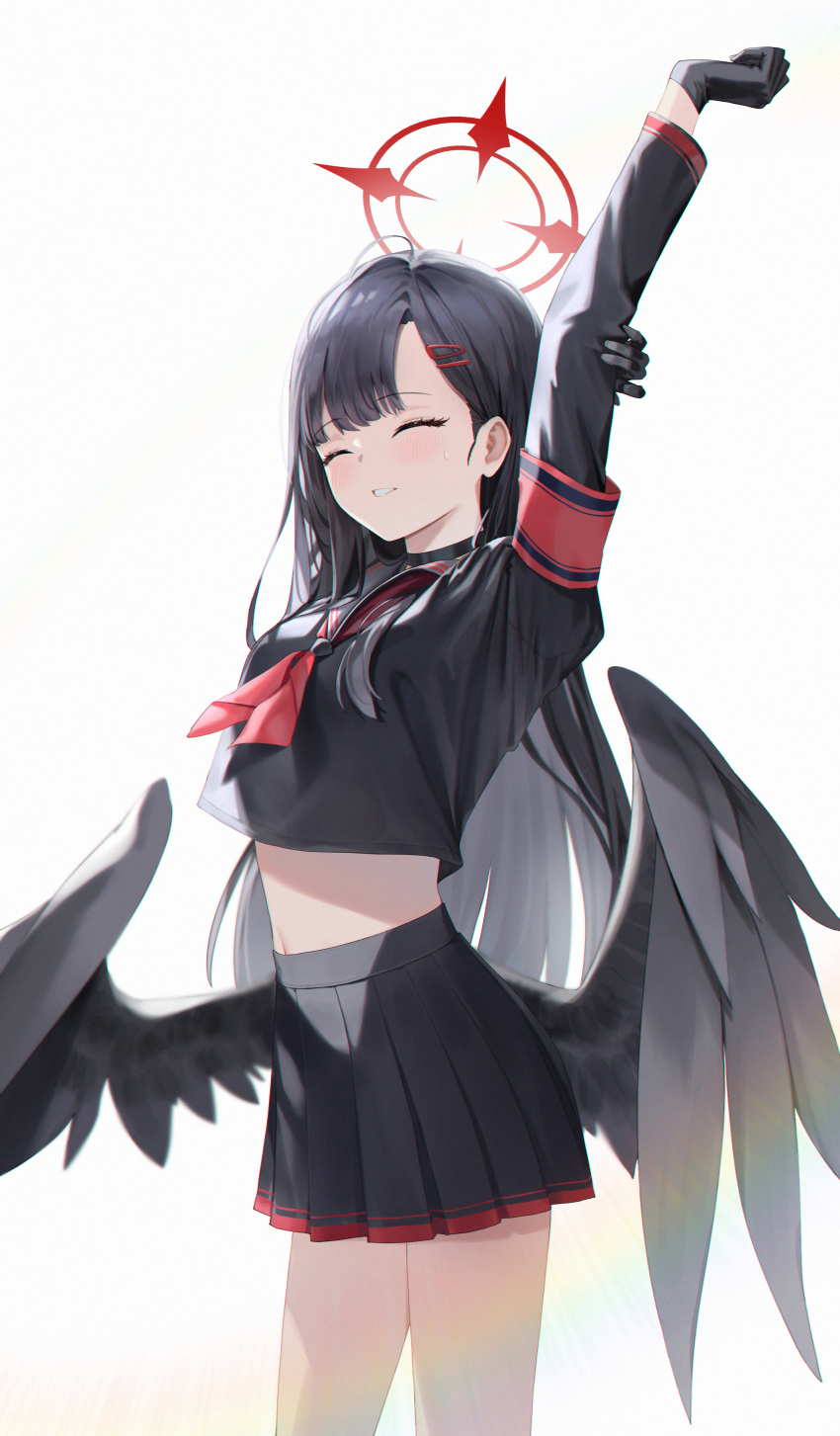 1girl ^_^ absurdres armband arms_up bbul_horn black_choker black_gloves black_hair black_serafuku black_wings blue_archive blush choker closed_eyes commentary cropped_shirt feathered_wings gloves halo highres holding_own_arm ichika_(blue_archive) long_sleeves midriff navel neckerchief pleated_skirt red_armband red_halo red_neckerchief school_uniform serafuku simple_background skirt smile solo white_background wings