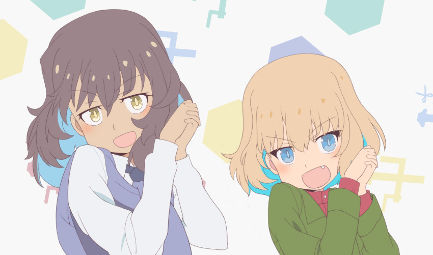 2girls :d alternate_hair_color andou_(girls_und_panzer) bc_freedom_school_uniform black_dress black_hair blonde_hair blue_eyes blue_hair blue_necktie blue_sweater bob_cut brown_eyes colored_inner_hair commentary_request dark-skinned_female dark_skin dress dress_shirt fang girls_und_panzer green_jacket highres jacket katyusha_(girls_und_panzer) kayabakoro long_sleeves looking_at_viewer medium_hair multicolored_hair multiple_girls necktie official_style onii-chan_wa_oshimai! open_mouth own_hands_together parody pinafore_dress pravda_school_uniform red_shirt school_uniform shirt short_hair side-by-side simple_background sleeveless sleeveless_dress smile style_parody sweater sweater_around_neck turtleneck white_background white_shirt wing_collar