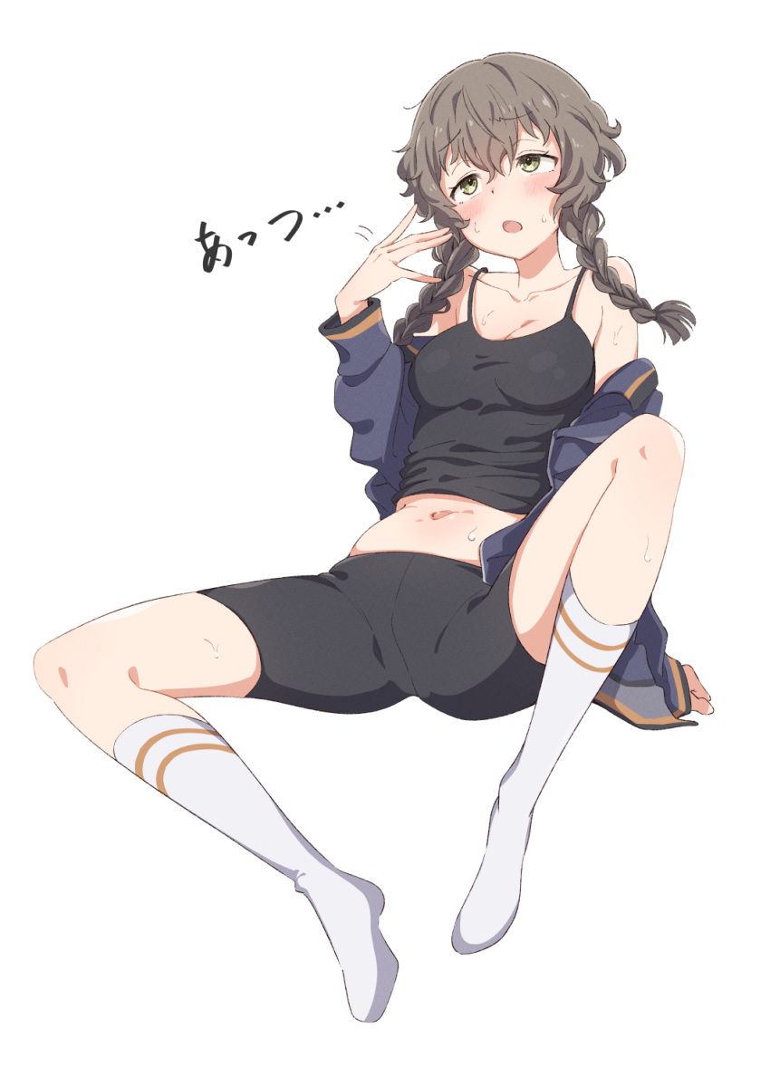 1girl amane_suzuha bike_shorts black_camisole black_jacket braid breasts brown_hair camisole cleavage collarbone eitopondo fanning_self highres jacket kneehighs long_hair long_sleeves looking_up medium_breasts navel open_clothes open_jacket open_mouth simple_background sitting socks solo spread_legs steins;gate sweat translation_request twin_braids white_background white_socks yellow_eyes