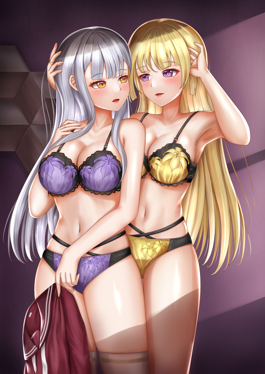 2girls armpits arms_up assault_lily bare_arms bare_shoulders behind_another blonde_hair blunt_bangs blush bra breasts brown_sailor_collar cleavage collarbone commentary_request cowboy_shot eye_contact floral_print grey_hair hand_in_own_hair hand_on_another's_head hand_on_own_shoulder hand_up highres holding holding_clothes holding_shirt imai_tomohiro indoors jewelry kanba_girls_high_school_uniform kon_kanaho large_breasts light_smile long_hair long_sleeves looking_at_another looking_to_the_side miyagawa_takane multi-strapped_panties multiple_girls navel necktie panties parted_lips print_bra print_panties purple_bra purple_panties red_shirt ring sailor_collar school_uniform serafuku shade shirt shirt_removed sidelocks standing stomach thighhighs underwear underwear_only undone_necktie very_long_hair white_necktie white_thighhighs yellow_bra yellow_panties yuri