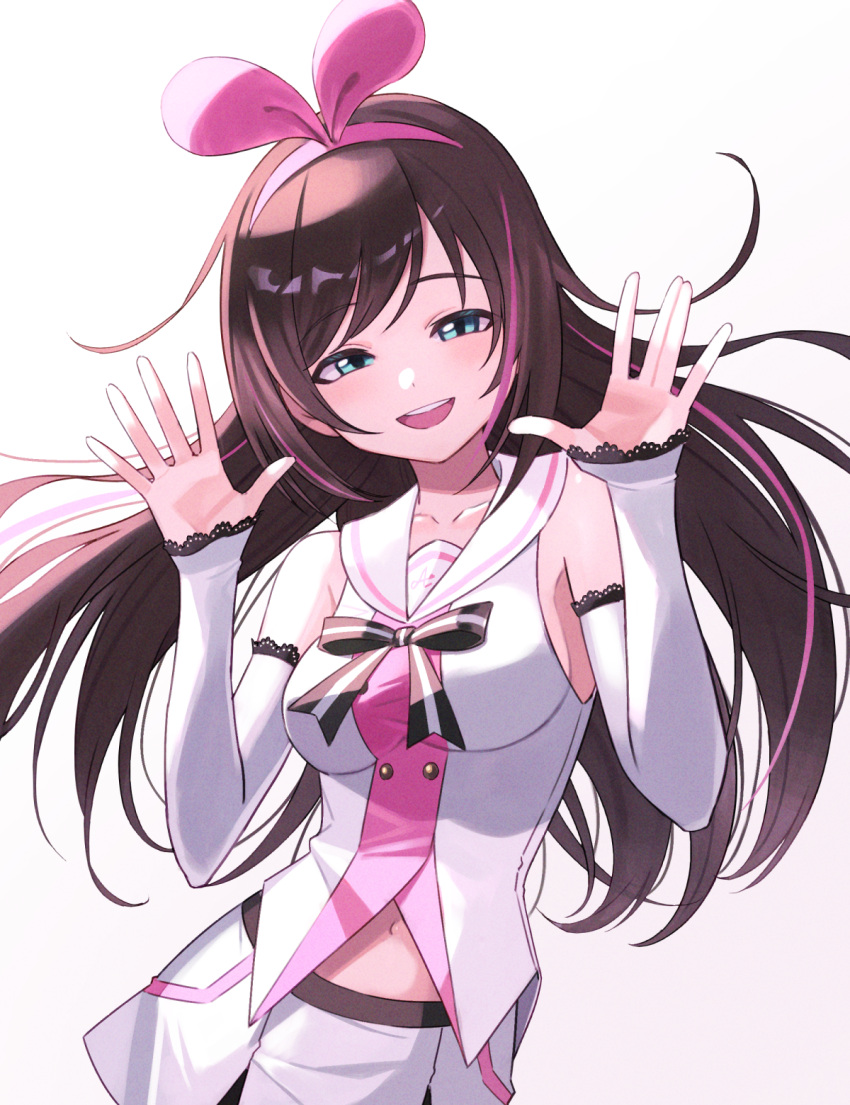 aqua_eyes bow breasts brown_hair buttons collarbone cowboy_shot detached_sleeves double-breasted hair_bow hands_up highres idol kizuna_ai kizuna_ai_inc. lace_trim long_hair looking_at_viewer medium_breasts midriff_peek miniskirt multicolored_hair multiple_girls navel open_mouth sailor_collar shimizu_tomoki sideboob simple_background skirt sleeves_past_wrists smile streaked_hair swept_bangs virtual_youtuber white_background