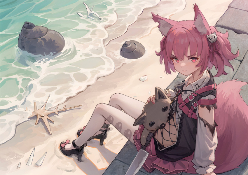 1girl absurdres animal_ear_fluff animal_ears arknights beach black_dress black_footwear commentary doll dress fox_ears glaring hair_ornament high_heels highres holding holding_doll knife long_sleeves looking_at_viewer morte_(arknights) ocean outdoors pantyhose pink_eyes pink_hair shamare_(arknights) shell shirt short_twintails sitting skull_print stuffed_fox tied_shirt torn_clothes twintails wall welt_(kinsei_koutenkyoku) white_pantyhose white_shirt