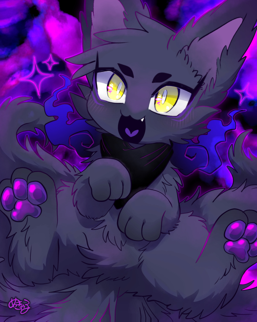 &lt;3 2023 3_fingers 3_toes :3 abstract_background ambiguous_gender biped black_body black_ears black_fur black_kerchief black_neckerchief black_tail blue_fire blush canid canine cheek_tuft colored colored_fire crotch_tuft cute_fangs digital_media_(artwork) digitigrade eye_markings eyelashes facial_tuft featureless_crotch feet feral fingers fire fluffy fluffy_tail fox front_view full-length_portrait fur glistening glistening_pawpads head_tuft heart_in_mouth hi_res hindpaw kemono kerchief looking_at_viewer mammal markings mekkyaru monotone_body monotone_ears monotone_fur monotone_tail multi_tail neckerchief open_:3 open_mouth open_smile pawpads paws portrait pupils purple_inner_ear purple_markings purple_pawpads semi-anthro shaded signature sitting smile solo spread_legs spreading tail thick_fur toes tuft white_pupils yellow_eyes