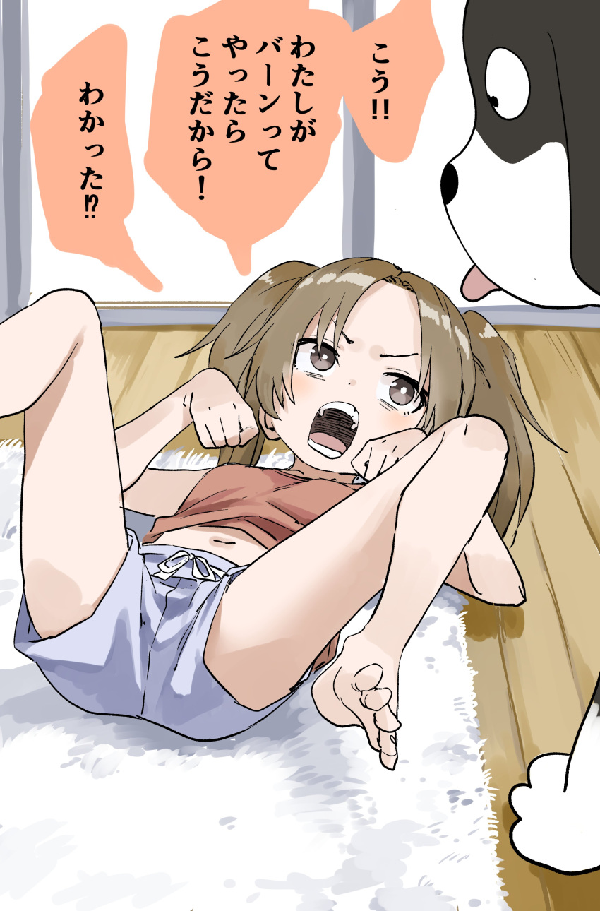 1girl absurdres animal barefoot blue_shorts breasts brown_eyes brown_hair commentary_request dog female_child highres legs looking_at_animal lying navel on_back open_mouth original red_shirt shirt shorts small_breasts speech_bubble teeth toes translation_request twintails yamamoto_souichirou