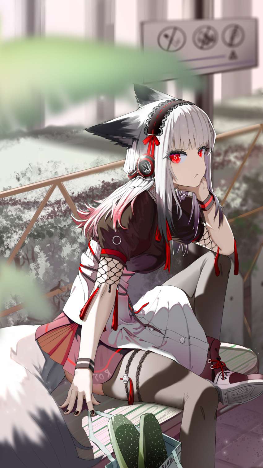 1girl absurdres animal_ears arknights bag bench black_hairband black_nails black_shirt black_thighhighs fence fox_ears fox_girl fox_tail frostleaf_(arknights) hairband hand_up head_rest headphones high-waist_skirt highres implied_extra_ears looking_at_viewer maid outdoors red_eyes shirt shiyun_(3635060hu) sign sitting skirt solo tail thighhighs