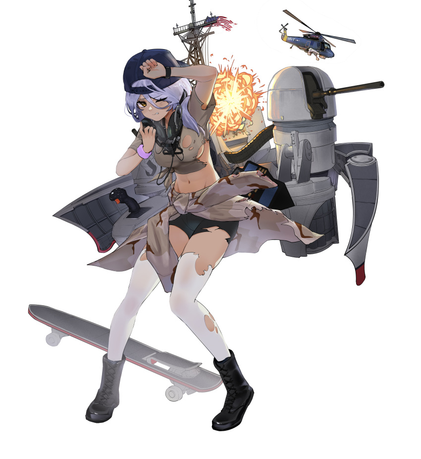 1girl absurdres aircraft american_flag baseball_cap bike_shorts black_footwear black_shorts blue_headwear boots breasts brown_shirt cannon clothes_around_waist dark-skinned_female dark_skin explosion frigate full_body hat helicopter highres jacket jacket_around_waist machinery military military_vehicle navel one_eye_closed original personification phalanx_ciws purple_hair ship shirt short_sleeves shorts skateboard small_breasts solo standing thighhighs tied_shirt torn_bike_shorts torn_clothes torn_jacket torn_shirt torn_thighhighs turret tuzik10 united_states_navy uss_stark_(ffg-31) warship watercraft white_thighhighs yellow_eyes