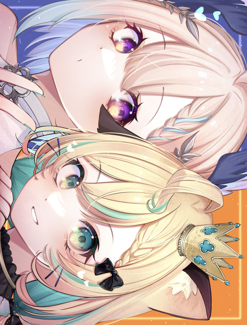 2girls ahoge animal_ears aqua_eyes aqua_hair black_bow blonde_hair blue_hair blue_nails bow cat_ears cat_girl commentary crown enna_alouette enna_alouette_(2nd_costume) gradient_eyes gradient_hair hair_bow hair_ornament hairclip highres millie_parfait millie_parfait_(2nd_costume) mini_crown multicolored_eyes multicolored_hair multiple_girls nijisanji nijisanji_en purple_eyes short_hair sideways streaked_hair symbol-only_commentary virtual_youtuber yellow_eyes yukishiro_(boma_winter)