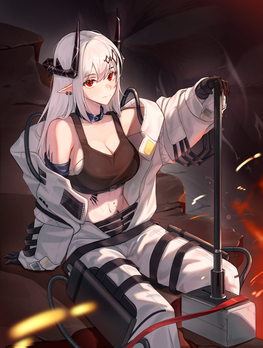 1girl absurdres arknights artist_request bare_shoulders black_choker black_gloves black_tank_top breasts choker cleavage closed_mouth collarbone commentary_request crop_top gloves hammer highres holding holding_hammer horns infection_monitor_(arknights) jumpsuit large_breasts long_hair looking_at_viewer midriff mudrock_(arknights) mudrock_(elite_ii)_(arknights) navel oripathy_lesion_(arknights) pointy_ears red_eyes solo tank_top war_hammer weapon white_hair white_jumpsuit
