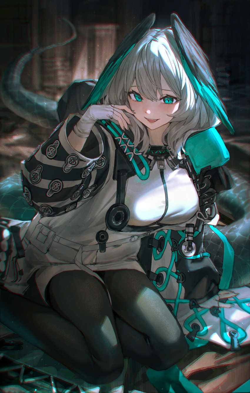 1girl absurdres arknights black_jacket black_pantyhose breasts commentary dress fingerless_gloves gloves green_eyes grey_hair head_wings highres ho'olheyak_(arknights) hood hood_down infection_monitor_(arknights) jacket kneeling large_breasts long_sleeves looking_at_viewer mr.lime open_mouth pantyhose smile snake_tail tail white_dress white_gloves white_jacket wings