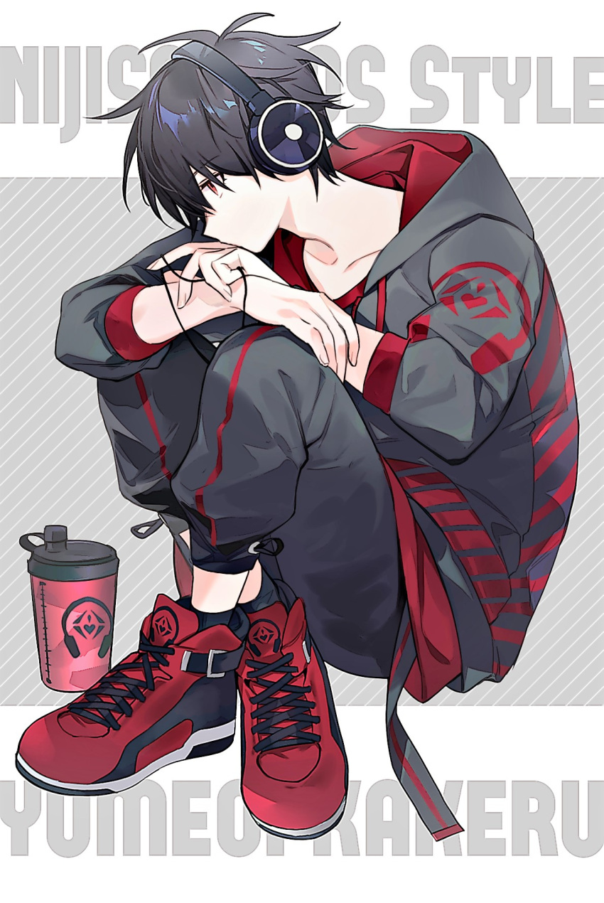 1boy black_hair character_name copyright_name diagonal_stripes grey_hoodie grey_pants headphones highres hood hoodie iv_4t knees_up nijisanji pants red_eyes red_footwear shoes sitting sneakers solo striped striped_background tumbler virtual_youtuber yumeoi_kakeru