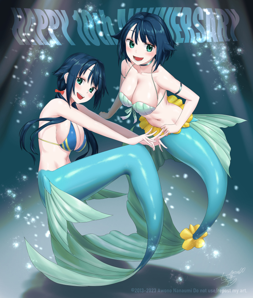 2girls :d arm_strap awono_nanaumi bare_shoulders bikini bikini_top_only black_choker blue_bikini blue_hair bow breasts choker cleavage collarbone commentary_request fins fukami_nana full_body green_eyes groin hair_between_eyes hair_bow hair_flaps happy_anniversary highres large_breasts long_hair looking_at_viewer lower_teeth_only mermaid monster_girl multiple_girls navel open_mouth original shadow shell shell_bikini short_hair sidelocks signature smile stomach swimsuit tail tail_ornament teeth upper_teeth_only watermark