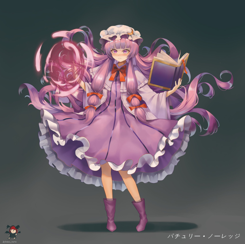 2girls absurdres blush book boots character_name closed_mouth crescent crescent_hat_ornament dobostorte dress frilled_dress frills full_body hat hat_ornament highres holding holding_book koakuma long_hair long_sleeves mob_cap multiple_girls open_book patchouli_knowledge purple_dress purple_eyes purple_footwear purple_hair solo_focus striped striped_dress touhou twitter_username vertical-striped_dress vertical_stripes white_headwear wide_sleeves