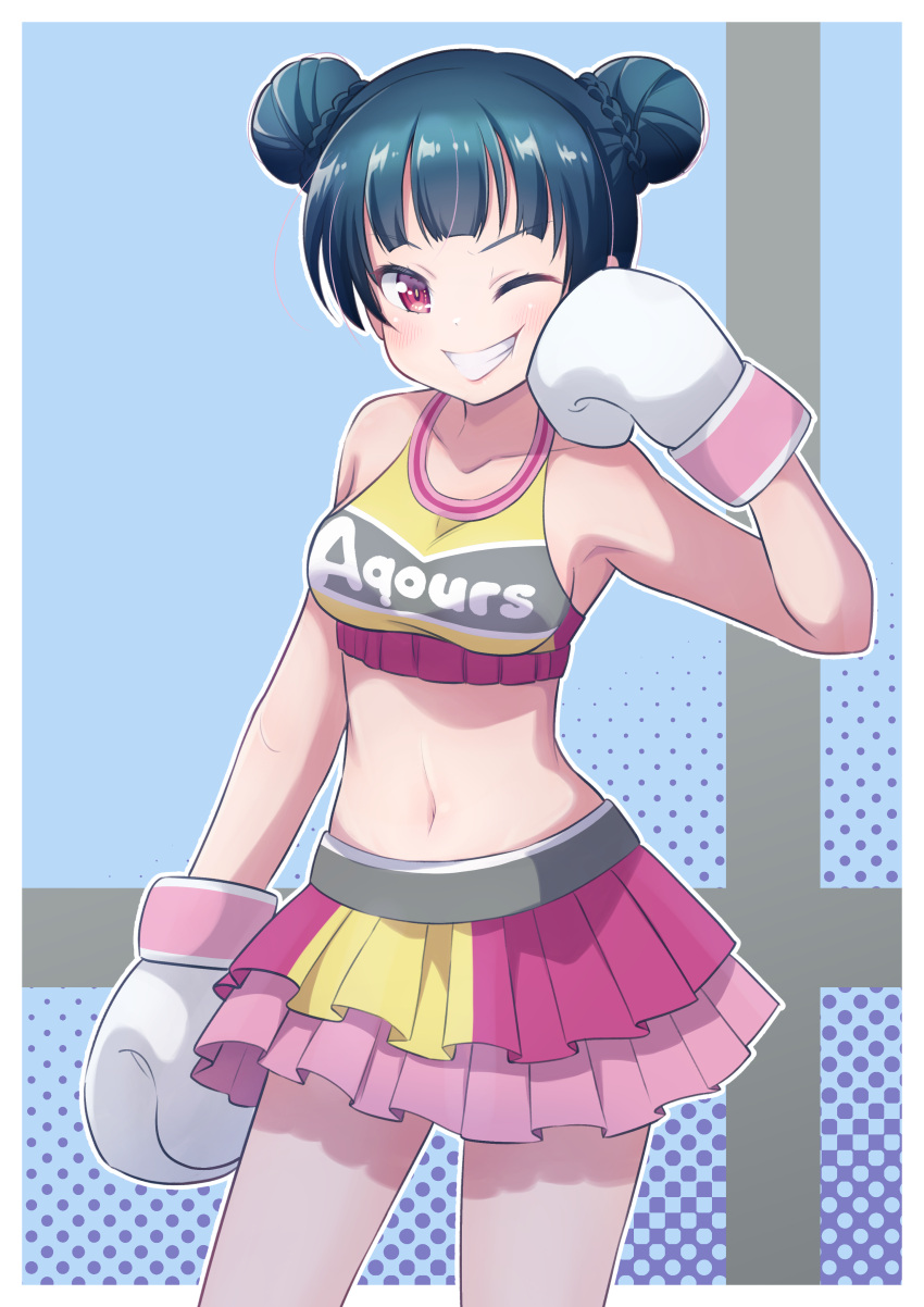 1girl absurdres blue_hair blush boxer boxing boxing_gloves breasts commentary double_bun grin hair_bun highres looking_at_viewer love_live! love_live!_sunshine!! medium_breasts midriff miniskirt navel one_eye_closed red_eyes sakutatsu skirt smile solo tsushima_yoshiko