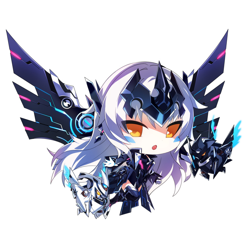 1girl armor armored_boots armored_dress armored_leotard boots chibi code:_ultimate_(elsword) commentary_request crown drone elsword energy energy_wings eve_(elsword) facial_mark flat_chest gloves highres horns jacket leotard long_hair looking_at_viewer machine mecha_musume mechanical_ears mechanical_horns mechanical_wings moby_(elsword) mulook open_clothes open_jacket open_mouth orange_eyes remy_(elsword) robot spikes transparent transparent_background very_long_hair white_gloves white_hair wings