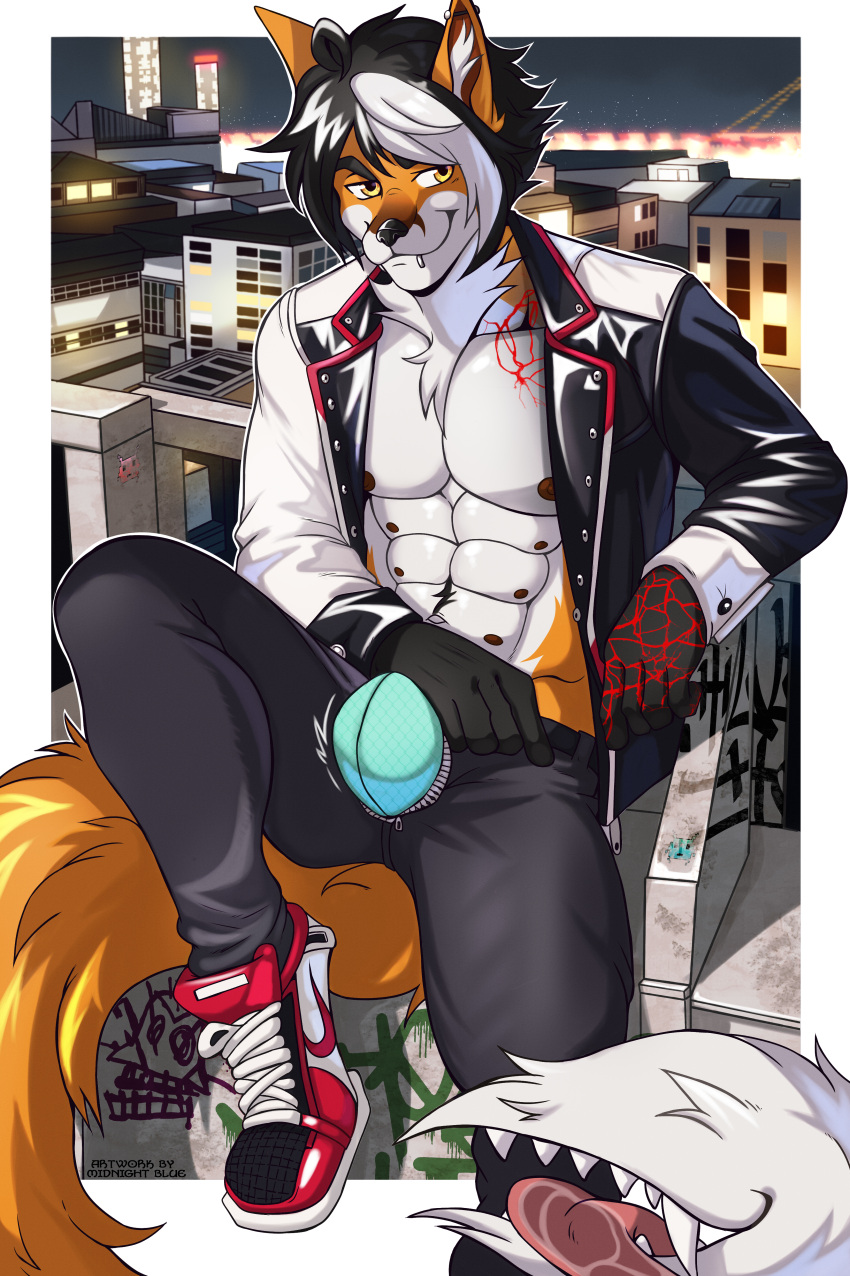 absurd_res anthro bulge canid canine city city_background city_lights cityscape clothed clothing erection fox fur graffiti hi_res jacket male mammal midnight_blue monster_tail muscular muscular_anthro muscular_male nipples piercing simple_background smile solo topwear underwear