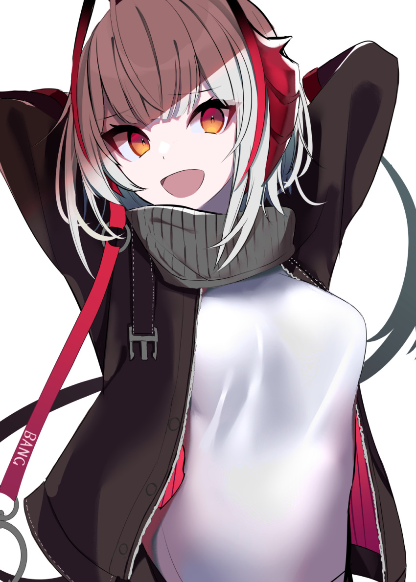 1girl :d antennae arknights arms_behind_head black_jacket black_scarf breasts demon_girl demon_horns demon_tail grey_hair highres horns jacket medium_breasts open_clothes open_jacket open_mouth orange_eyes scarf shirt short_hair simple_background smile solo tail tetuw upper_body w_(arknights) white_background white_shirt