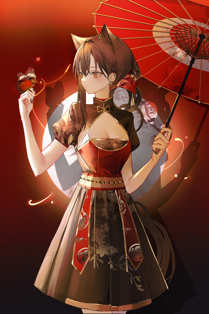 0_(znanimo) 1girl absurdres alternate_costume animal_ear_piercing animal_ears arknights black_dress black_hair breasts brown_eyes bug butterfly butterfly_on_hand cleavage cleavage_cutout clothing_cutout cowboy_shot dress drop_shadow highres holding holding_umbrella long_hair red_background short_sleeves simple_background small_breasts solo tail texas_(arknights) umbrella wolf_ears wolf_girl wolf_tail