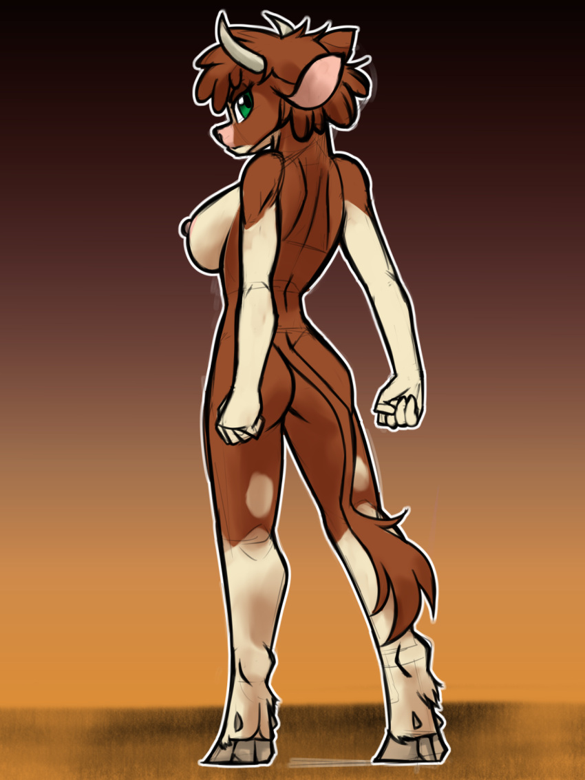 2023 3:4 anthro anthrofied arizona_cow_(tfh) biped bovid bovine breasts brown_body brown_fur brown_hair brown_tail brown_theme butt cattle digital_drawing_(artwork) digital_media_(artwork) female fist fur gradient_background green_eyes hair hi_res hooves looking_at_viewer looking_back looking_back_at_viewer mammal multicolored_body multicolored_fur nipples nude outline rear_view simple_background solo tail tan_body tan_fur them's_fightin'_herds thescornfulreptilian two_tone_body two_tone_fur unguligrade_anthro white_outline