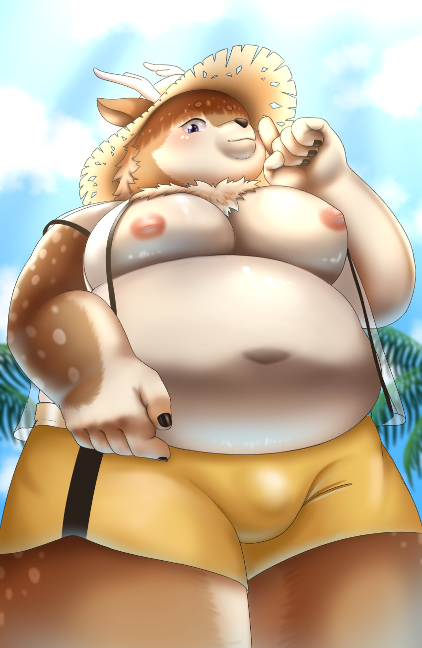 absurd_res anthro antlers beach belly blue_eyes blush bottomwear brown_body brown_fur bulge clothing deer fur hat headgear headwear hi_res horn kazusa low-angle_view male mammal moobs navel nipples overweight palm_tree plant ra_p_bigboi seaside shorts solo spots spotted_body spotted_fur straw_hat swimwear tamacolle tree