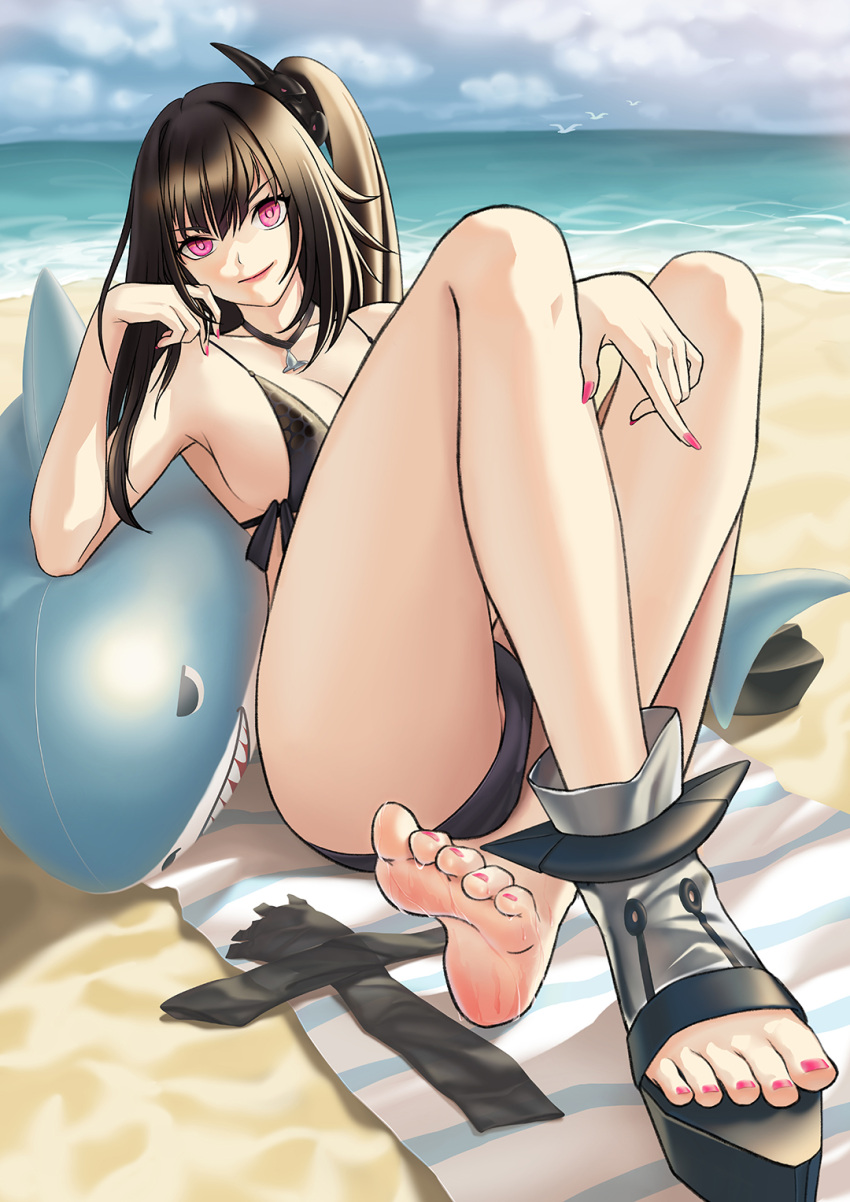 1girl architect_(girls'_frontline) architect_(nvw_model)_(girls'_frontline) arm_rest barefoot beach beach_towel bird black_footwear black_gloves black_hair black_one-piece_swimsuit breasts cloud cloudy_sky commentary_request crossed_ankles day feet fingerless_gloves fingernails full_body girls'_frontline gloves gloves_removed hair_ornament head_rest highres ikarusflyhigh inflatable_shark inflatable_toy jewelry large_breasts legs lipstick long_hair looking_at_viewer makeup nail_polish necklace ocean one-piece_swimsuit one_side_up outdoors pink_eyes pink_lips pink_nails sand sangvis_ferri seagull shoes shoes_removed single_shoe sitting sky smile soles solo swimsuit toeless_footwear toenail_polish toenails toes towel water wet